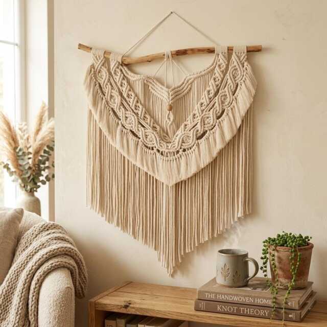 Handmade Macrame Wall Art 24 Inch, Scandinavian Style Decor, Neutral Home Aesthetic, Bedroom Hanging, Natural Wood Branch - image 1