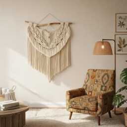 Handmade Macrame Wall Art 24 Inch, Scandinavian Style Decor, Neutral Home Aesthetic, Bedroom Hanging, Natural Wood Branch - thumbnail 3