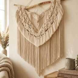 Handmade Macrame Wall Art 24 Inch, Scandinavian Style Decor, Neutral Home Aesthetic, Bedroom Hanging, Natural Wood Branch - thumbnail 2