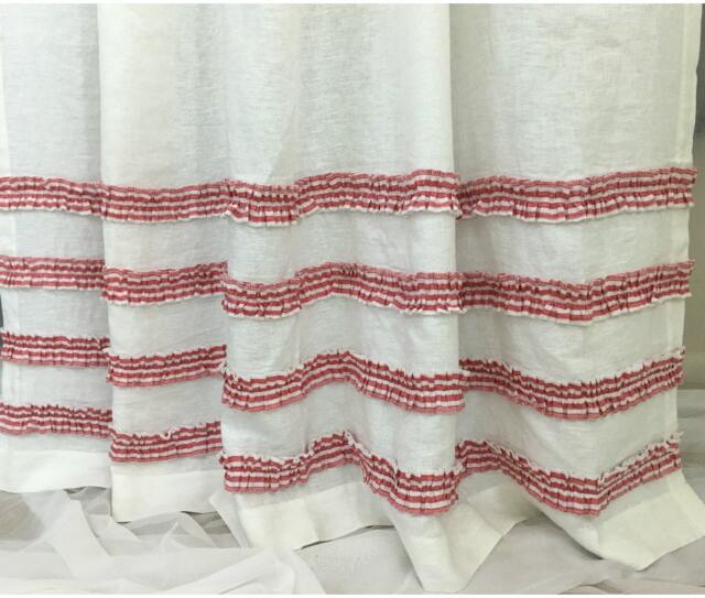 White Shower Curtain With Rows Of Red White Striped Ruffles, Natural Linen Shower Curtain 72x72, 72x85, 72x94 Or Custom Size, Mildew-Free - image 1