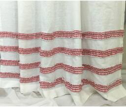 White Shower Curtain With Rows Of Red White Striped Ruffles, Natural Linen Shower Curtain 72x72, 72x85, 72x94 Or Custom Size, Mildew-Free