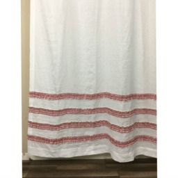 White Shower Curtain With Rows Of Red White Striped Ruffles, Natural Linen Shower Curtain 72x72, 72x85, 72x94 Or Custom Size, Mildew-Free - thumbnail 3