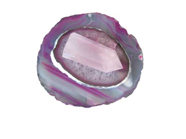Pink-Grey Agate Tealight Candle Holder - Pink Lid Topped With Rose Quartz Obelisk - image 1