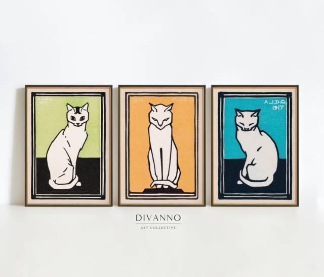 Set Of 3 Cat Art Prints, White Cats Gallery, Exhibition Poster, De Graag Wall Decor, Retro Pet Illustrations, Modern Lover Gift - image 1