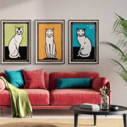 Set Of 3 Cat Art Prints, White Cats Gallery, Exhibition Poster, De Graag Wall Decor, Retro Pet Illustrations, Modern Lover Gift - thumbnail 2