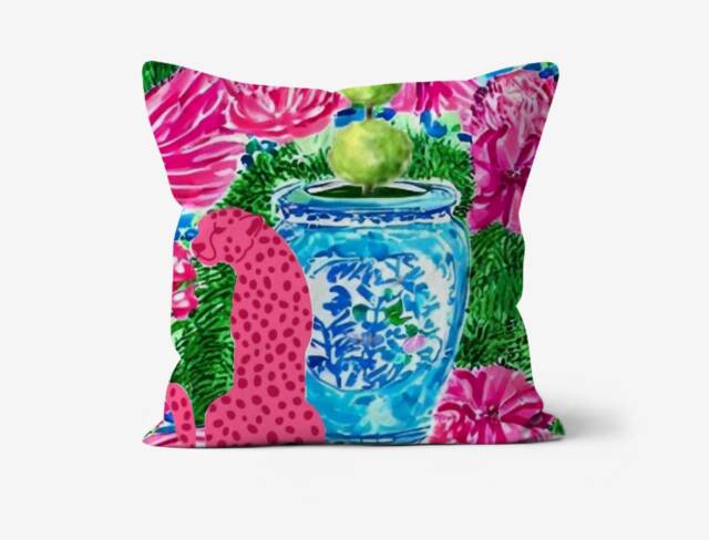 "Pink Cheetah & Ginger Jar, Natural Cotton Canvas, 18""x18" - image 1