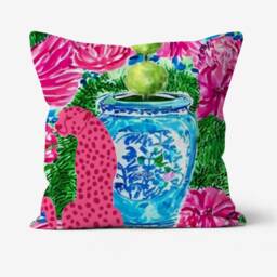 "Pink Cheetah & Ginger Jar, Natural Cotton Canvas, 18""x18" - thumbnail 2