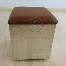 Tieetdye Wooden Square Ottoman Side Table Midway Aviator Leather Stool - thumbnail 3
