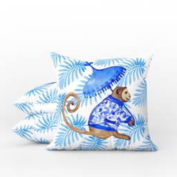 Outdoor Pillows - Weatherproof Garden Cushions Borneo Chinoiserie Monkey Palm Blue Tropical Maximalist Style Asian Jungle Decor - thumbnail 1