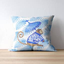 Outdoor Pillows - Weatherproof Garden Cushions Borneo Chinoiserie Monkey Palm Blue Tropical Maximalist Style Asian Jungle Decor - thumbnail 2