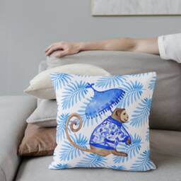 Outdoor Pillows - Weatherproof Garden Cushions Borneo Chinoiserie Monkey Palm Blue Tropical Maximalist Style Asian Jungle Decor - thumbnail 3