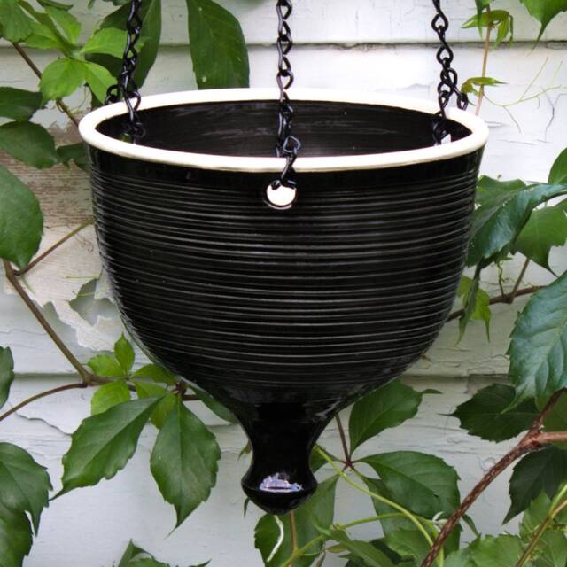 Ceramic Hanging Planter, Large Black Wheel Thrown Flower Pot, Garden Patio Decor, Gardener Gift - image 1