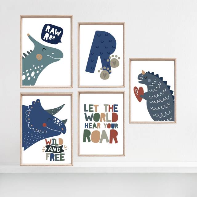 Set Of 5 Dinosaur Prints, Boys Nursery Bedroom Wall Art, Decor, Art - image 1