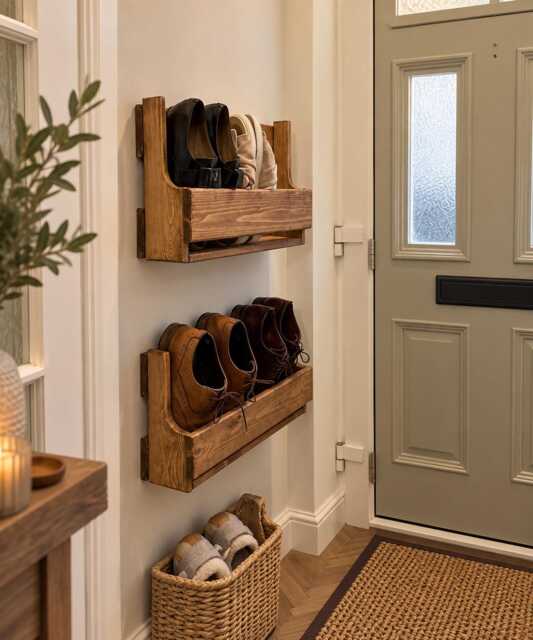 Handmade Wooden Shoe Rack - Wall Mounted Or Freestanding Storage Rustic Hallway Organiser Space-Saving Solid Wood - image 1