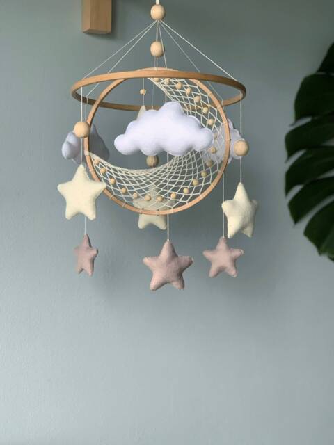 Moon & Star Crib Mobile, Macrame Baby Nuetral Star Handing Mobile Felt, Nursery - image 1