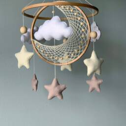 Moon & Star Crib Mobile, Macrame Baby Nuetral Star Handing Mobile Felt, Nursery - thumbnail 3