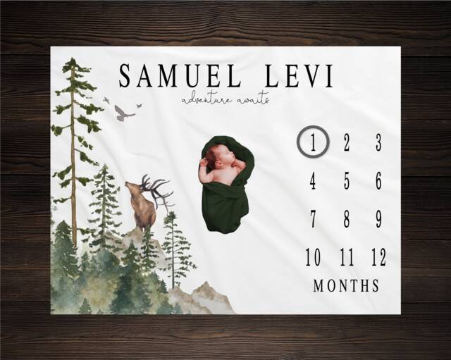 Woodland Milestone Blanket, Monthly Growth Tracker, Personalized Baby Custom Shower Gift, New Boy - image 1