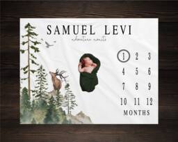 Woodland Milestone Blanket, Monthly Growth Tracker, Personalized Baby Custom Shower Gift, New Boy - thumbnail 1