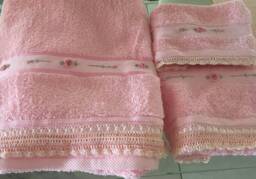 Pink Deluxe Embroidered Bath Towel, Face Washer, & Hand Towel Set With Crocheted Edge - thumbnail 1