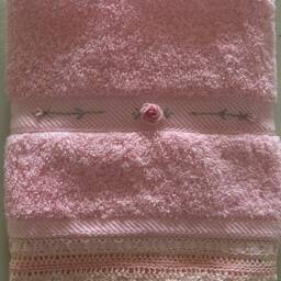 Pink Deluxe Embroidered Bath Towel, Face Washer, & Hand Towel Set With Crocheted Edge - thumbnail 3