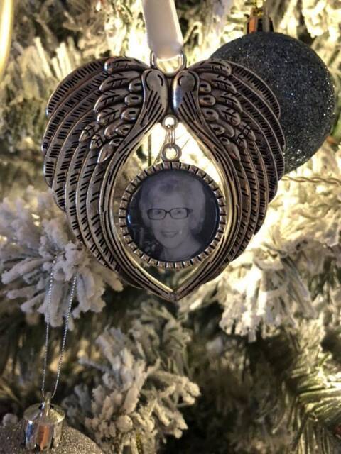 Christmas Memorial Ornament, Personalised Photo Silver Angel Wings Bauble, Xmas Tree Decoration - image 1