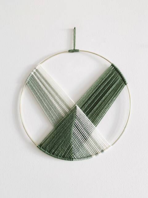 Green Yarn Hoop Wall Hanging, Modern Fiber Art - 10 Inch
