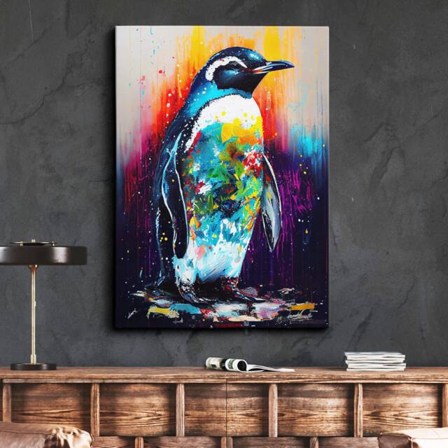 Beautiful Penguin Abstract Bird Animal Sea Oil Painting Splatter Style Wall Art Framed Canvas Poster Print, Home/Office Room Decor Gifts - image 1