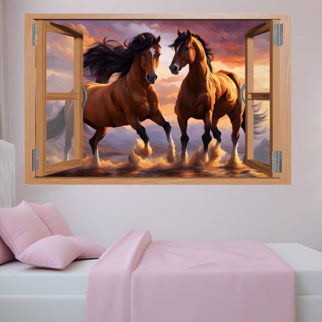 3D Running Horses Window Wall Sticker - Sunset Mural Decal - Self-Adhesive, Removable Art For Room, Bedroom, Or Office Decor 1295 - image 1