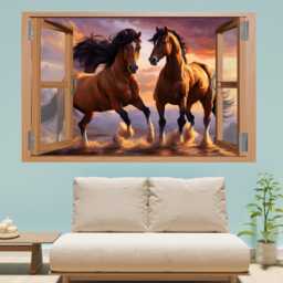 3D Running Horses Window Wall Sticker - Sunset Mural Decal - Self-Adhesive, Removable Art For Room, Bedroom, Or Office Decor 1295 - thumbnail 3