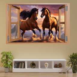 3D Running Horses Window Wall Sticker - Sunset Mural Decal - Self-Adhesive, Removable Art For Room, Bedroom, Or Office Decor 1295 - thumbnail 2