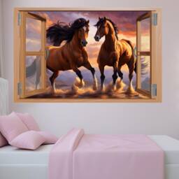 3D Running Horses Window Wall Sticker - Sunset Mural Decal - Self-Adhesive, Removable Art For Room, Bedroom, Or Office Decor 1295 - thumbnail 1