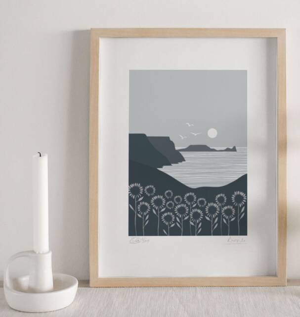Welsh Print, Rhosili, Rhossili, Worms Head, Gower Peninsula, Gwyr, Travel Gifts, Sunflowers, Rhossili Sunflowers