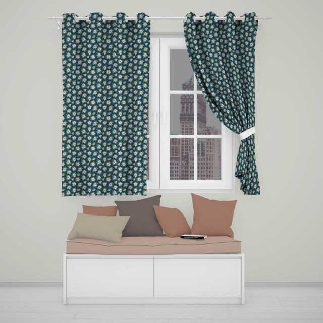 White Alpine Flowers Dark Teal Seamless Pattern Nature Botanical Readymade Eyelet Ring Top Thermal 100% Blackout Curtains - image 1