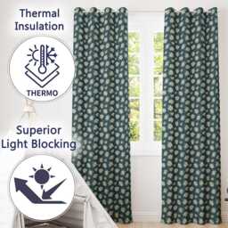 White Alpine Flowers Dark Teal Seamless Pattern Nature Botanical Readymade Eyelet Ring Top Thermal 100% Blackout Curtains - thumbnail 3