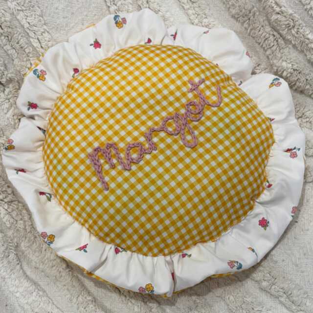 Personalized Embroidered Floral Gingham Cushion Girl Nursery Decor Homeware Frill Ruffle - image 1
