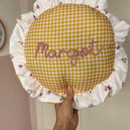 Personalized Embroidered Floral Gingham Cushion Girl Nursery Decor Homeware Frill Ruffle - thumbnail 2