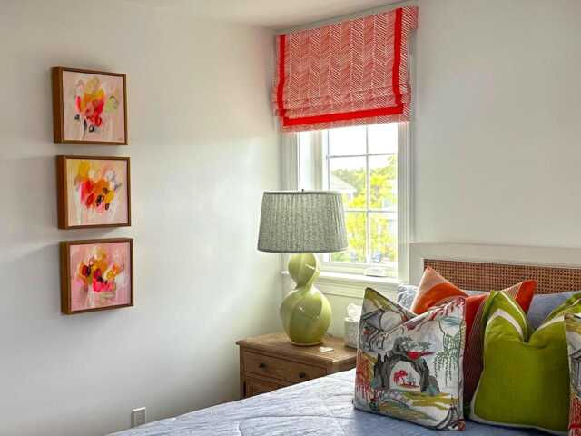 Custom Faux Roman Shade - Persimmon Arrows Fabric, Orange Grosgrain Border - image 1
