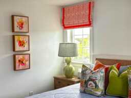 Custom Faux Roman Shade - Persimmon Arrows Fabric, Orange Grosgrain Border