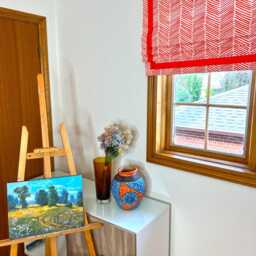 Custom Faux Roman Shade - Persimmon Arrows Fabric, Orange Grosgrain Border - thumbnail 4