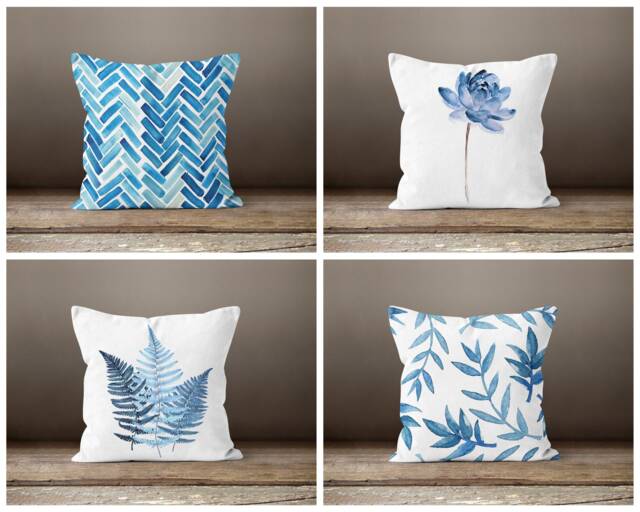 Blue Cushion Cover-Leaf Pillow Case-Housewarming Case-Flower Cover-Gift For Her Cushion-Handmade Material - image 1