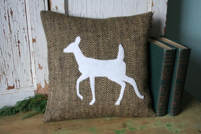 Woodland Deer Pillow, Herringbone, Jute, Burlap, Handmade - image 1