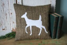 Woodland Deer Pillow, Herringbone, Jute, Burlap, Handmade - thumbnail 1