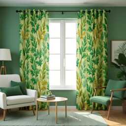 Green Botanical Curtains, Leaf Pattern Tropical Nature Drapes, Custom Made Eyelet Or Rod Pocket Panels - thumbnail 1