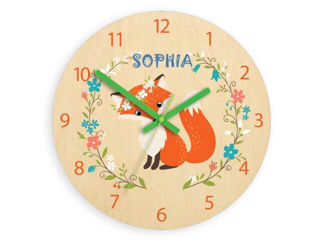 Children Wall Clock - Fox With Personalizen Name, Wooden Clock, Flower, Numbers, Gift, Funny Clock, Kids Girls - image 1