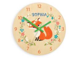 Children Wall Clock - Fox With Personalizen Name, Wooden Clock, Flower, Numbers, Gift, Funny Clock, Kids Girls - thumbnail 1