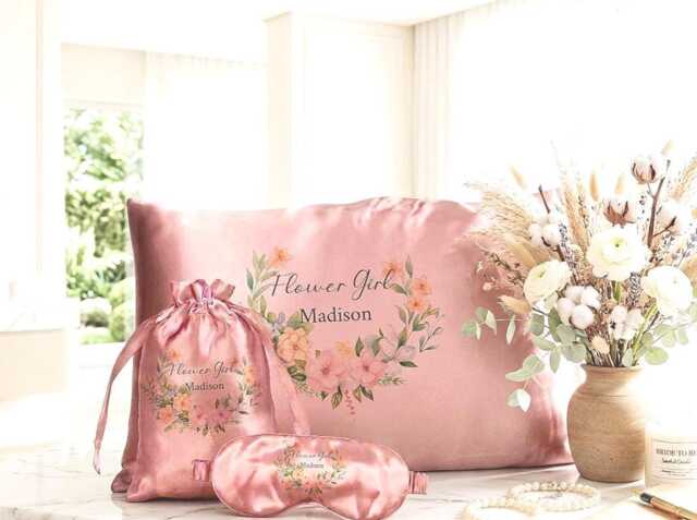 Personalised Flower Girl Gift Set Blush Satin Pillowcase Eye Mask Bag Custom Wedding Keepsake - image 1