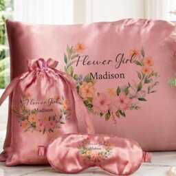 Personalised Flower Girl Gift Set Blush Satin Pillowcase Eye Mask Bag Custom Wedding Keepsake - thumbnail 4