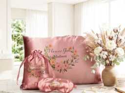Personalised Flower Girl Gift Set Blush Satin Pillowcase Eye Mask Bag Custom Wedding Keepsake - thumbnail 1