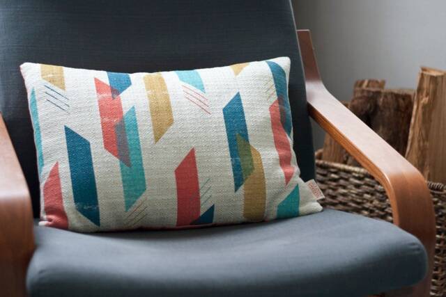 Limited Edition Screen Print Lumbar Pillow, Handmade Geometric Pattern Throw Blue & Gold 18x18 Decorative Pillow - image 1