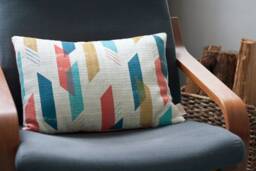 Limited Edition Screen Print Lumbar Pillow, Handmade Geometric Pattern Throw Blue & Gold 18x18 Decorative Pillow - thumbnail 1